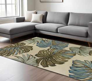 9' X 12' Brown Blue And Green Wool Tropical Botanical Hand Tufted Area Rug