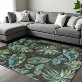 10' X 13' Gray Teal And Green Botanical Leaves Area Rug