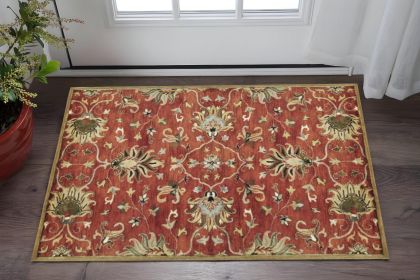 3' X 5' Rust Beige And Gray Wool Floral Medallion Hand Tufted Area Rug