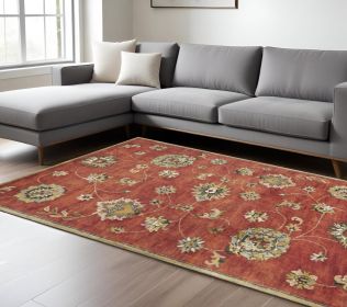 8' X 11' Sienna Gold And Green New Zealand Lambs Wool Floral Vines Hand Tufted Area Rug