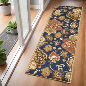 7' Navy Blue Orange And Brown Wool Medallion Hand Tufted Runner Rug