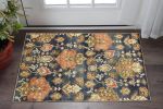 3' X 5' Navy Blue Orange And Brown New Zealand Lambs Wool Medallion Hand Tufted Area Rug