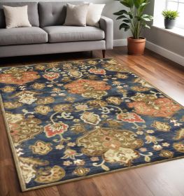 5' X 8' Navy Blue Orange And Brown Wool Medallion Hand Tufted Area Rug