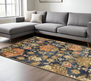 8' X 11' Navy Blue Orange And Brown New Zealand Lambs Wool Medallion Hand Tufted Area Rug