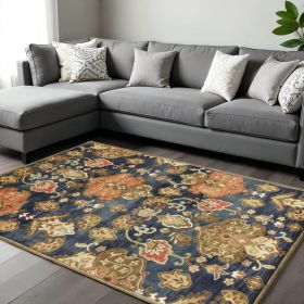 9' X 13' Navy Blue Orange And Brown Wool Medallion Hand Tufted Area Rug