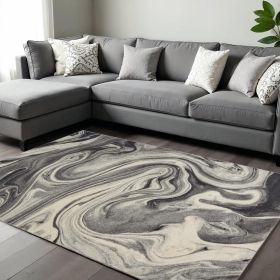 7' X 9' Ivory Black And Gray Abstract Shag Area Rug