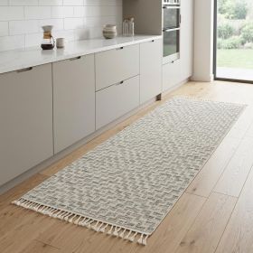 8' Ivory And Gray Geometric Runner Rug With Fringe