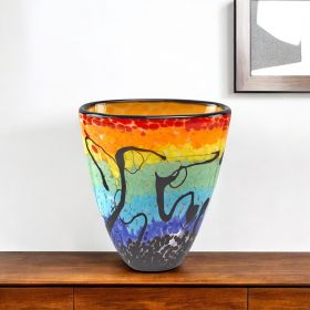 8" Red Orange Blue And Black Blue Abstract Oval Murano Glass Table Vase