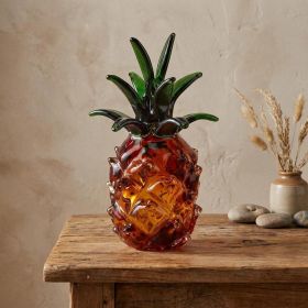9" Amber And Green Mouth Blown Art Glass Pineapple Sculpture