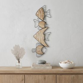 34" X 12" Natural and Black Fish Wood and Metal Hanging Dimensional Sculpture