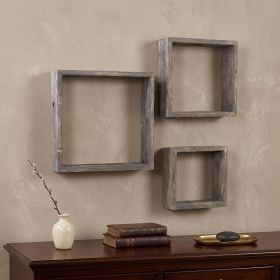 Set of Three Smoky Black Wood Square Hanging Dimensional Sculpture
