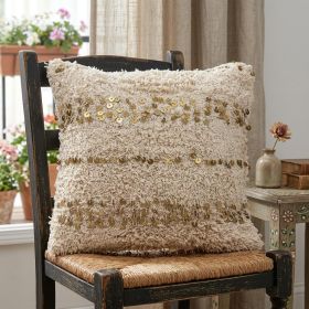 18" Beige And Gold Shaggy Cotton And Sequin Striped Throw Pillow