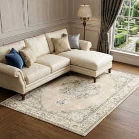 7' X 9' Beige And Ivory Center Jewel Area Rug