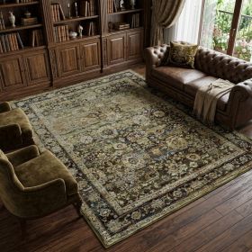 7' X 9' Green And Brown Floral Area Rug