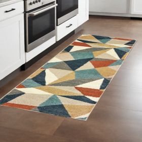 8' Blue Green And Beige Abstract Geometric Runner Rug