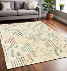 5' X 7' Ivory Blue And Red Geometric Area Rug