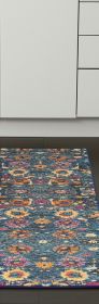 8' Blue And Orange Floral Distressed Runner Rug