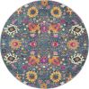 4' Blue And Orange Floral Distressed Round Rug