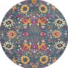 4' Blue And Orange Floral Distressed Round Rug