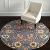 4' Blue And Orange Floral Distressed Round Rug