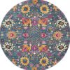 4' Blue And Orange Floral Distressed Round Rug