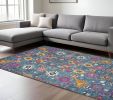 8' X 10' Blue And Orange Floral Distressed Area Rug