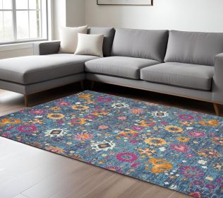 8' X 10' Blue And Orange Floral Distressed Area Rug