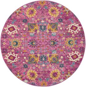 5' Fuchsia And Orange Floral Distressed Round Rug