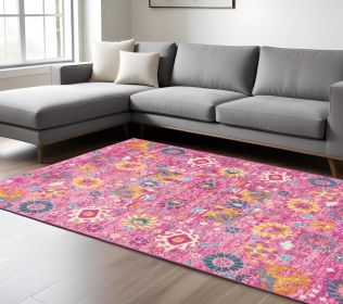 7' X 10' Fuchsia And Orange Floral Distressed Area Rug