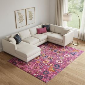 8' X 10' Fuchsia And Orange Floral Distressed Area Rug