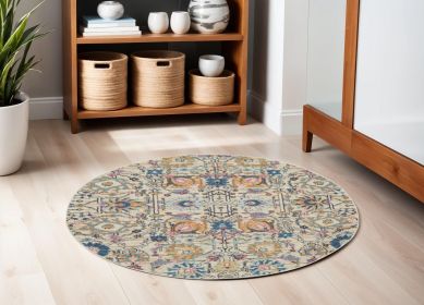 5' Ivory And Blue Floral Round Rug
