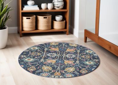5' Navy Blue Yellow And Pink Floral Round Rug