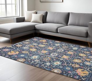 7' X 10' Navy Blue Yellow And Pink Floral Area Rug