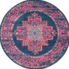 4' Blue And Pink Medallion Distressed Round Rug
