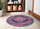 5' Blue And Pink Medallion Distressed Round Rug