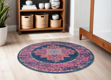 5' Blue And Pink Medallion Distressed Round Rug
