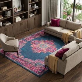 8' X 10' Blue And Pink Medallion Distressed Area Rug