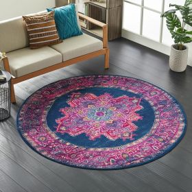 8' Blue And Pink Medallion Distressed Round Rug