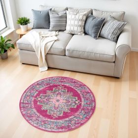 4' Fuchsia And Blue Oriental Distressed Round Rug