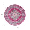 4' Fuchsia And Blue Oriental Distressed Round Rug