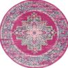 4' Fuchsia And Blue Oriental Distressed Round Rug
