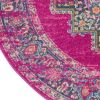 5' Fuchsia And Blue Oriental Distressed Round Rug