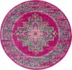 5' Fuchsia And Blue Oriental Distressed Round Rug