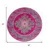 5' Fuchsia And Blue Oriental Distressed Round Rug