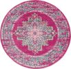 5' Fuchsia And Blue Oriental Distressed Round Rug