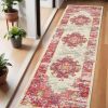 6' Ivory And Fuchsia Oriental Distressed Runner Rug