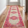 10' Ivory And Fuchsia Oriental Distressed Runner Rug