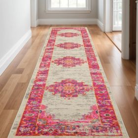10' Ivory And Fuchsia Oriental Distressed Runner Rug