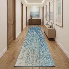 10' Blue And Ivory Abstract Runner Rug