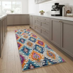 8' Ivory And Blue Ogee Distressed Runner Rug
